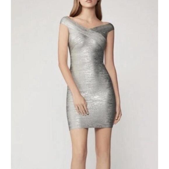 NWT Herve LegerSilver Criss Cross Foil Dress Size Small 4-6.